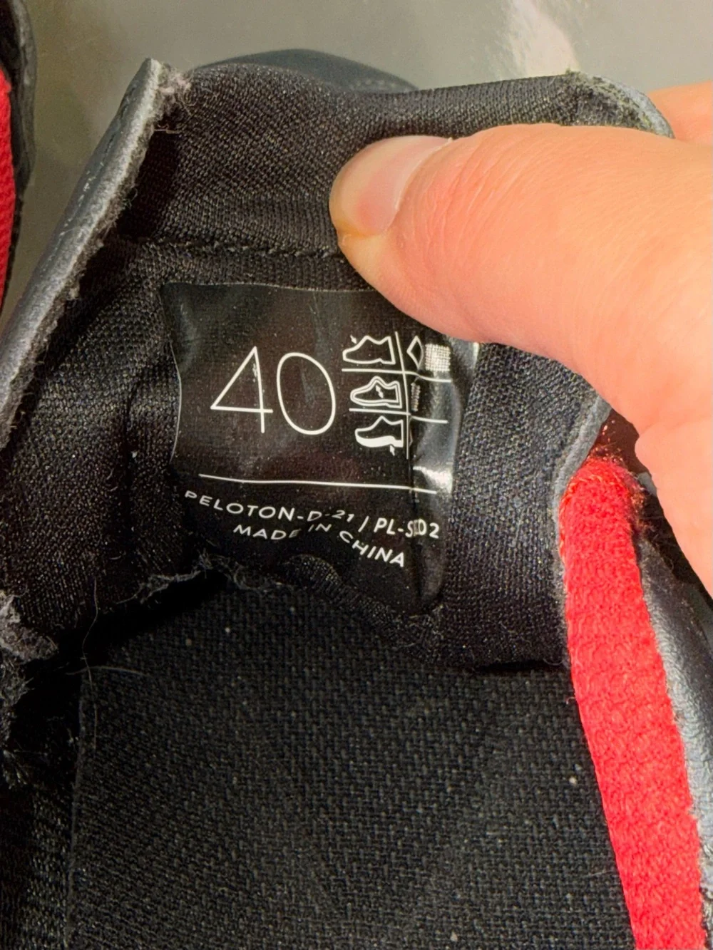 Peloton Kids Black Shoes with Red Lining and Light Blue Accent
